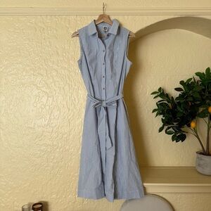 Sleeveless Blue Stripe Shirt Dress with Tie Waist